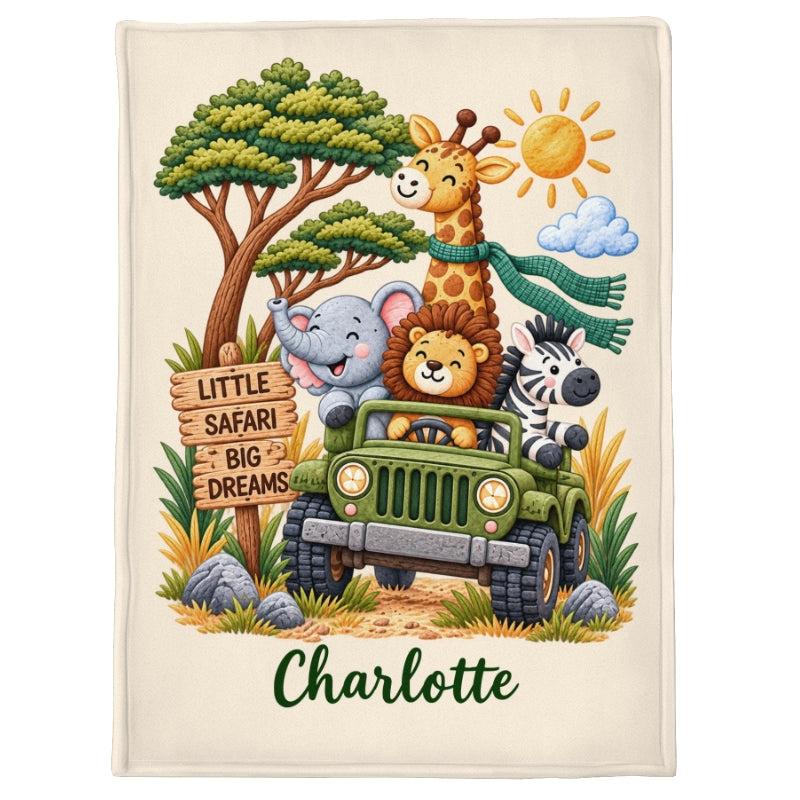 Little Safari Big Dreams Custom Name - Personalized Fleece Blanket - Baby Shower Gift, Birthday Gift For Baby Boys, Girls, Toddlers, Grandkids