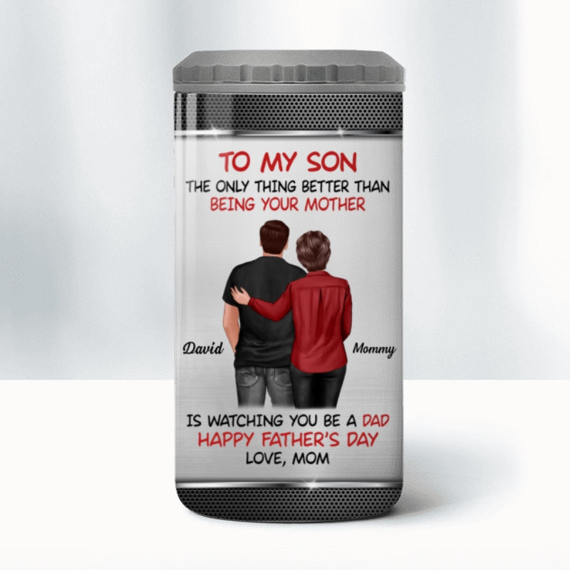 To My Son From Mom Happy Father‘s Day Back View Personalized 4 In 1 Can Cooler
