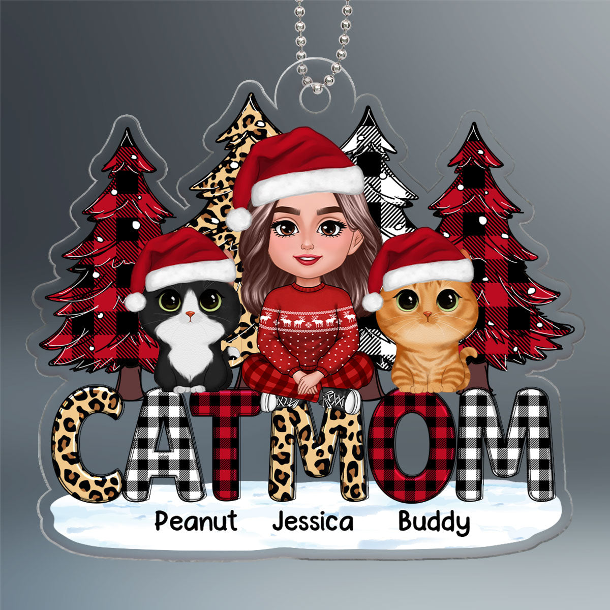 Checkered Leopard Christmas Tree Cat Mom Sitting Personalized Acrylic Ornament