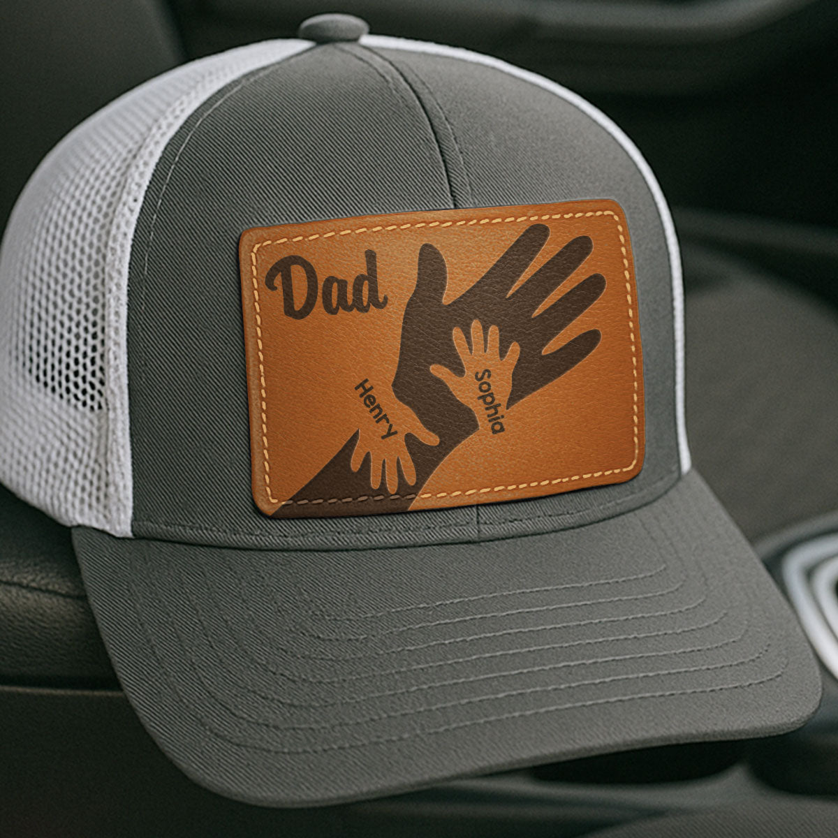 Dad Grandpa Kids Hands Personalized Leather Patch Hat, Father's Day gift