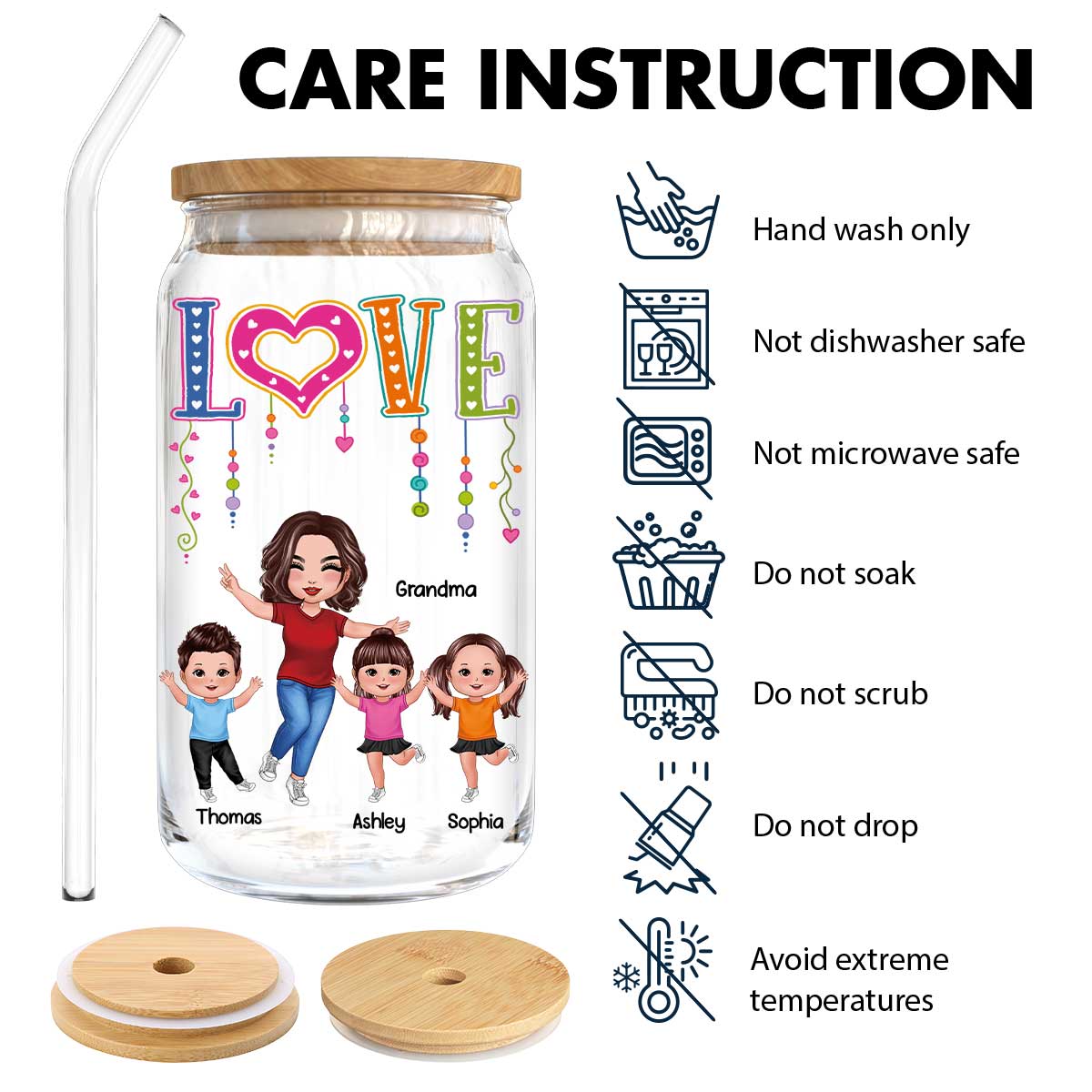 LOVE Happy Doll Grandma With Kids Personalized Clear Glass Can
