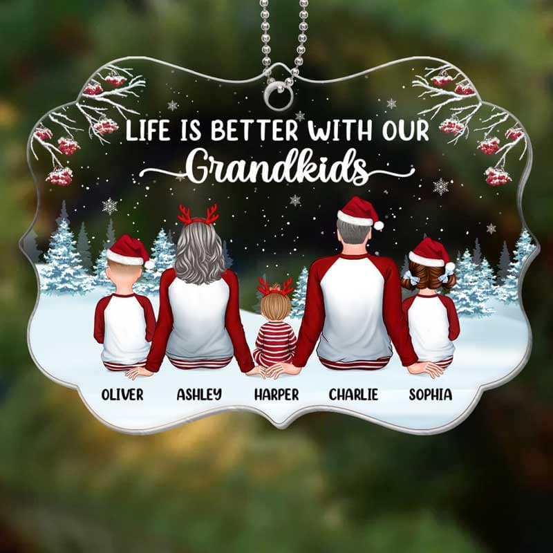 Grandparents & Grandkids Pajamas In Snow Personalized Acrylic Ornament