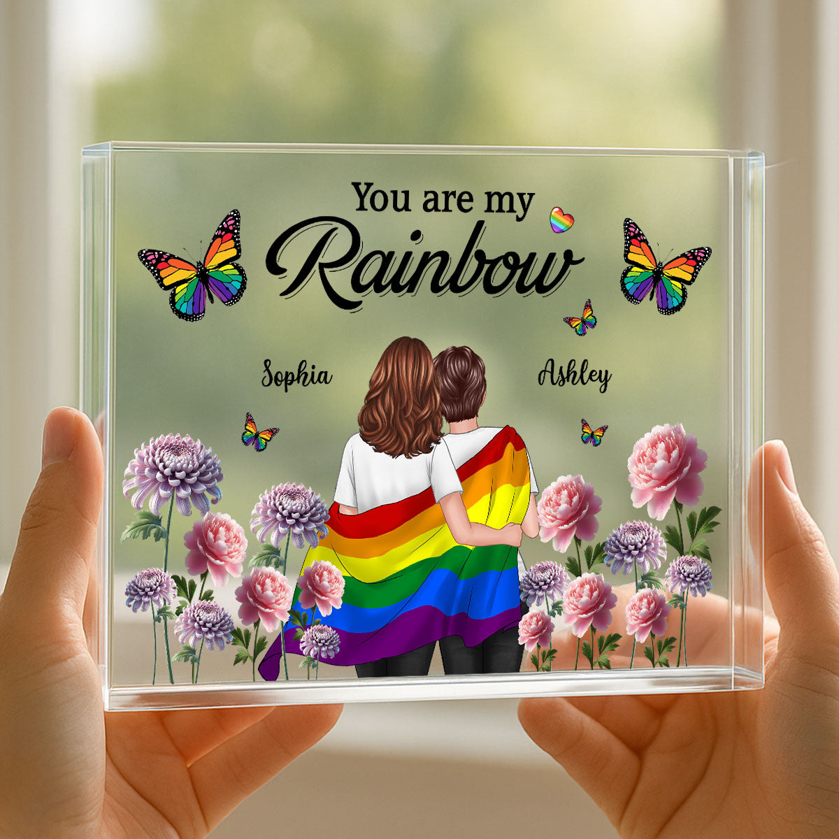 Pride Month LGBT Couple Birth Month Flowers Personalized Rectangle Acrylic Block Plaque, Gift For Couple