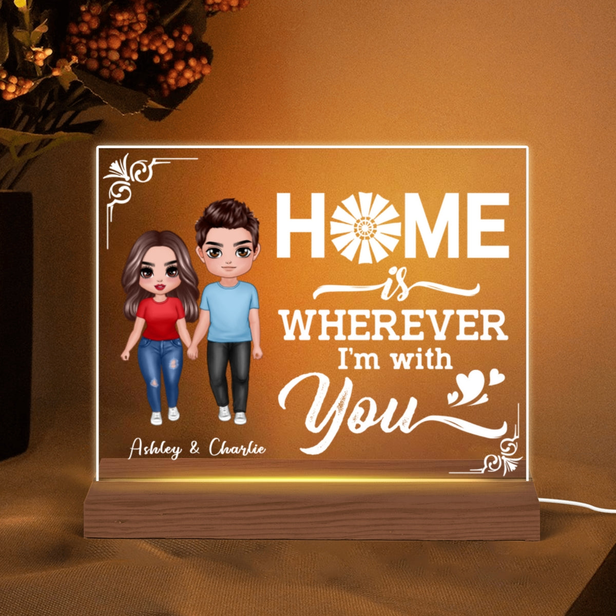 Home Is Wherever I‘m With You Couple Personalized Custom Shape LED Night Light - Gift For Him Gift For Her