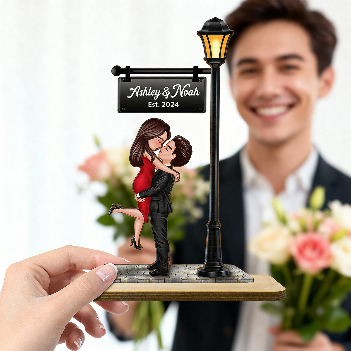 Couple Kissing Under Lamp Post Forever Love - Personalized 2-Layer Wooden Plaque - Heartfelt Anniversary Gift For Her, For Wife