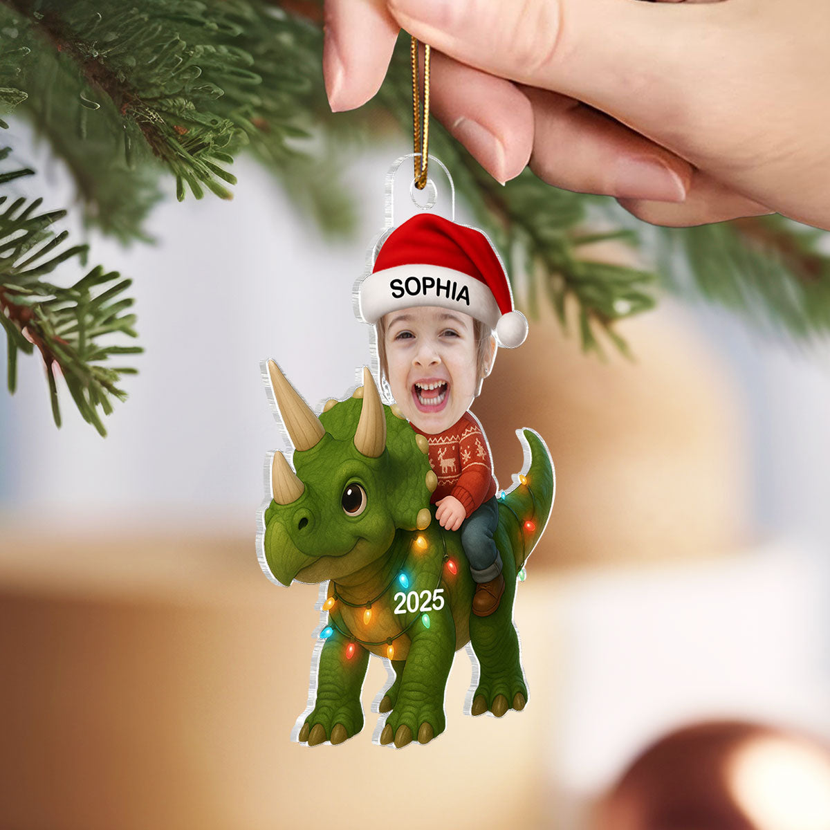 3D Effect Custom Kid Face With Dinosaur Christmas Personalized Acrylic Ornament