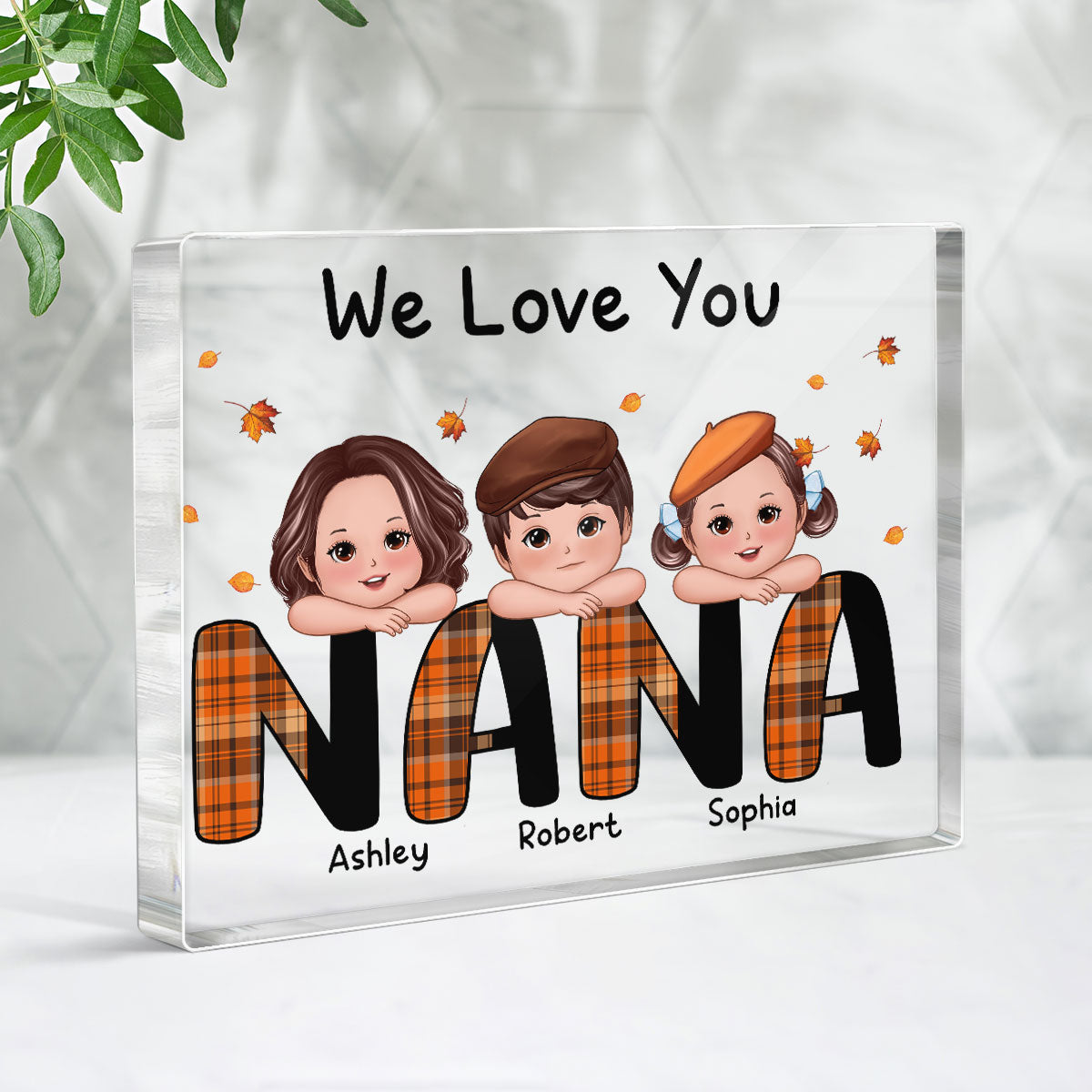 We Love You Grandma Mom Plaid Pattern Kids On Hand Fall Season Personalized Horizontal Rectangle Acrylic Plaque Block