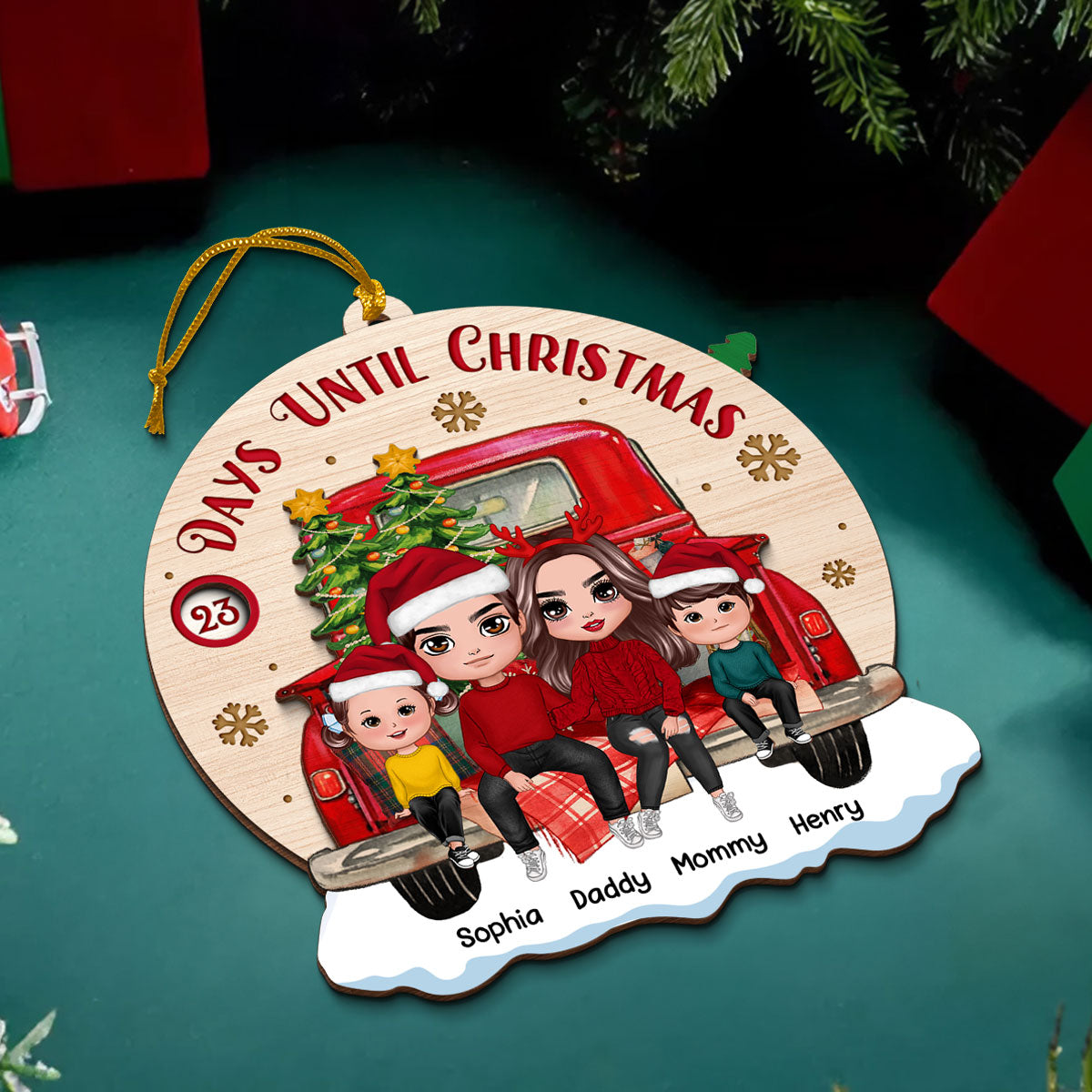 Family Couple On Christmas Truck Personalized Wooden Countdown Ornament
