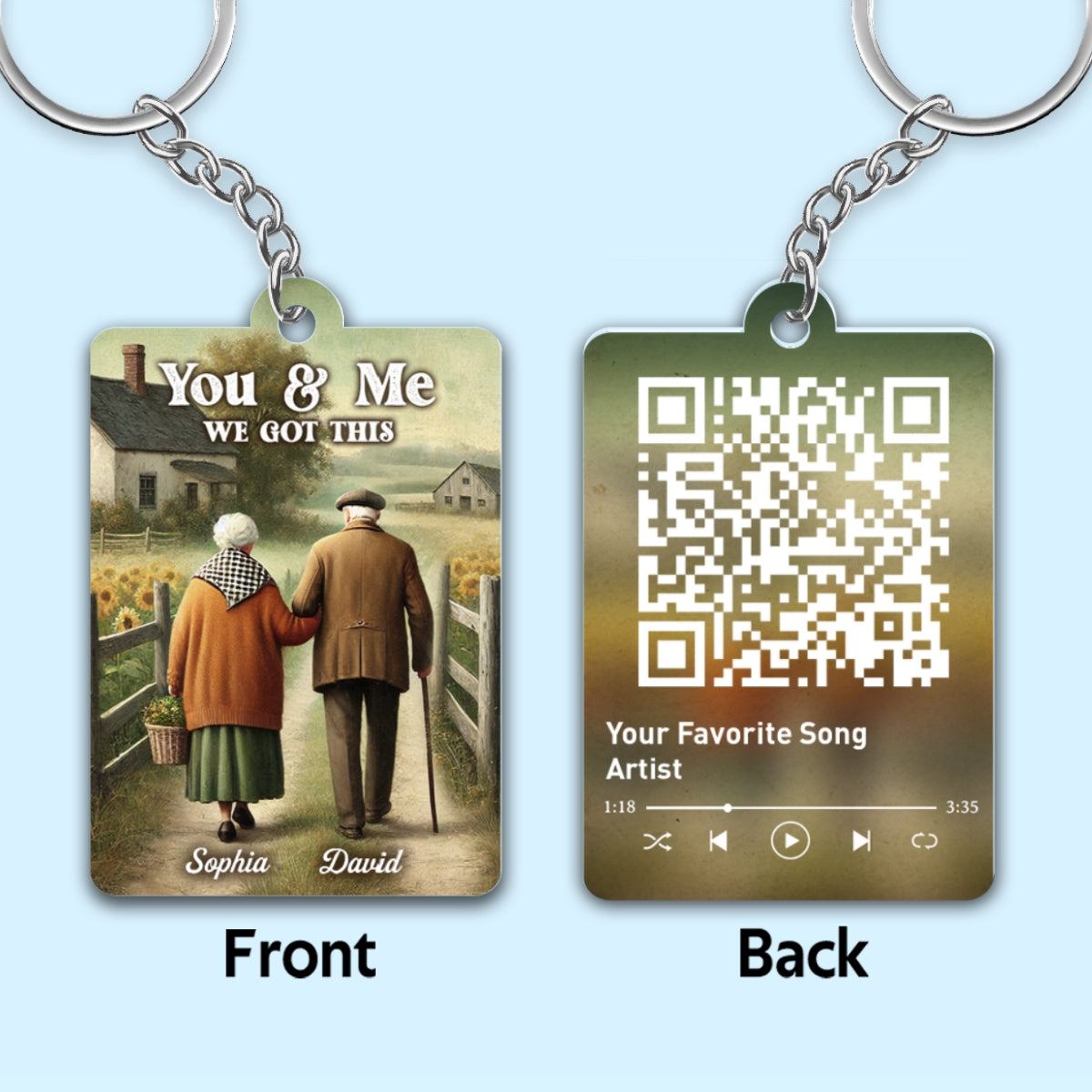 Old Couple Walking Growing Old Together Since Favorite Song Scannable QR Code Personalized Keychain, Heartfelt Gift For Couple, For Him, For Her, Husband, Wife