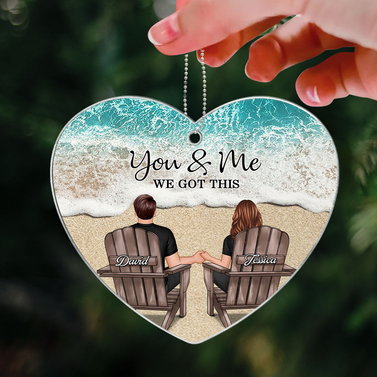 Couple We Got This Beach Landscape Personalized Heart Shaped Acrylic Ornament, Christmas Gift For Wife Husband