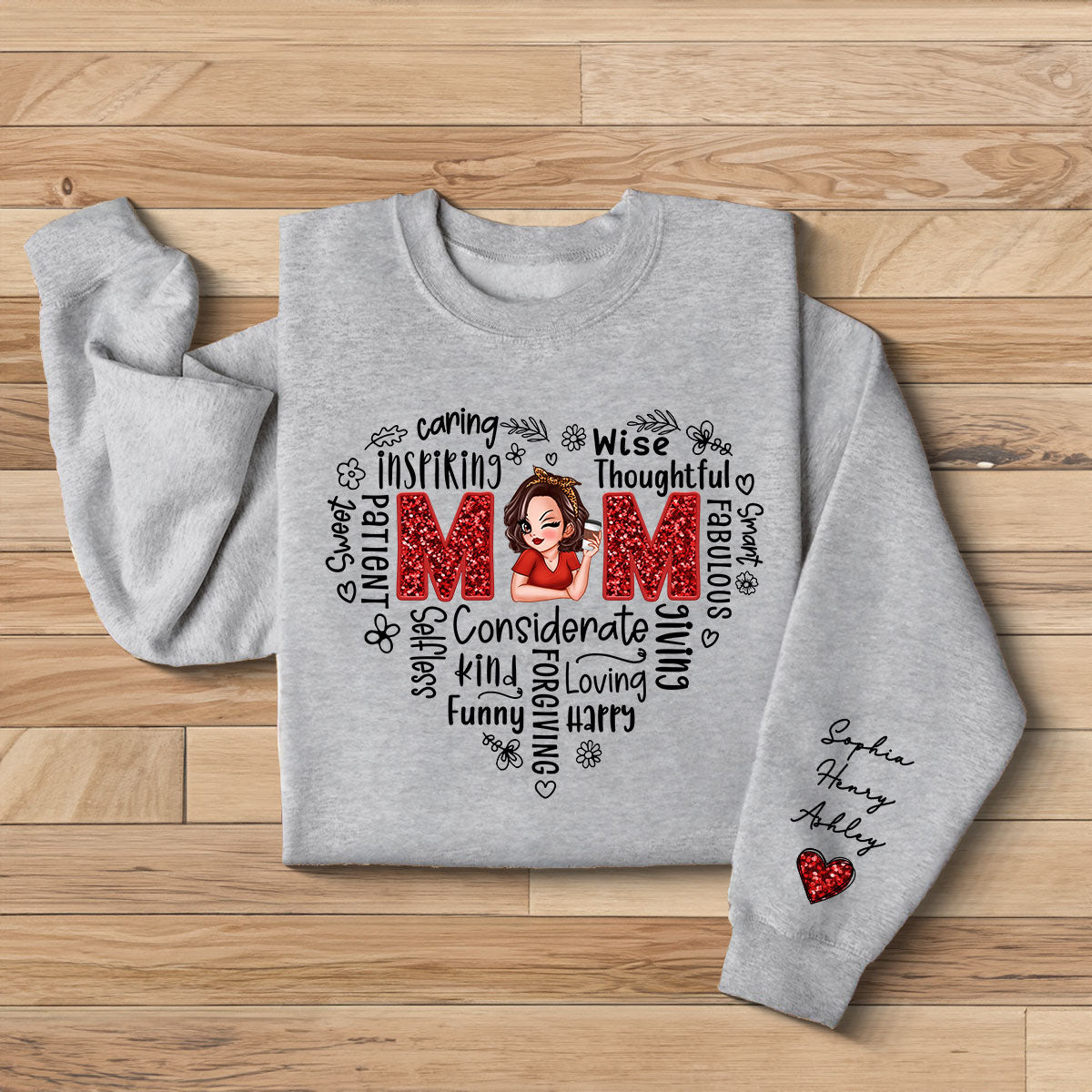 Mom Word Art Pretty Woman With Kids Names On Sleeve Personalized Sleeve Printed Sweatshirt