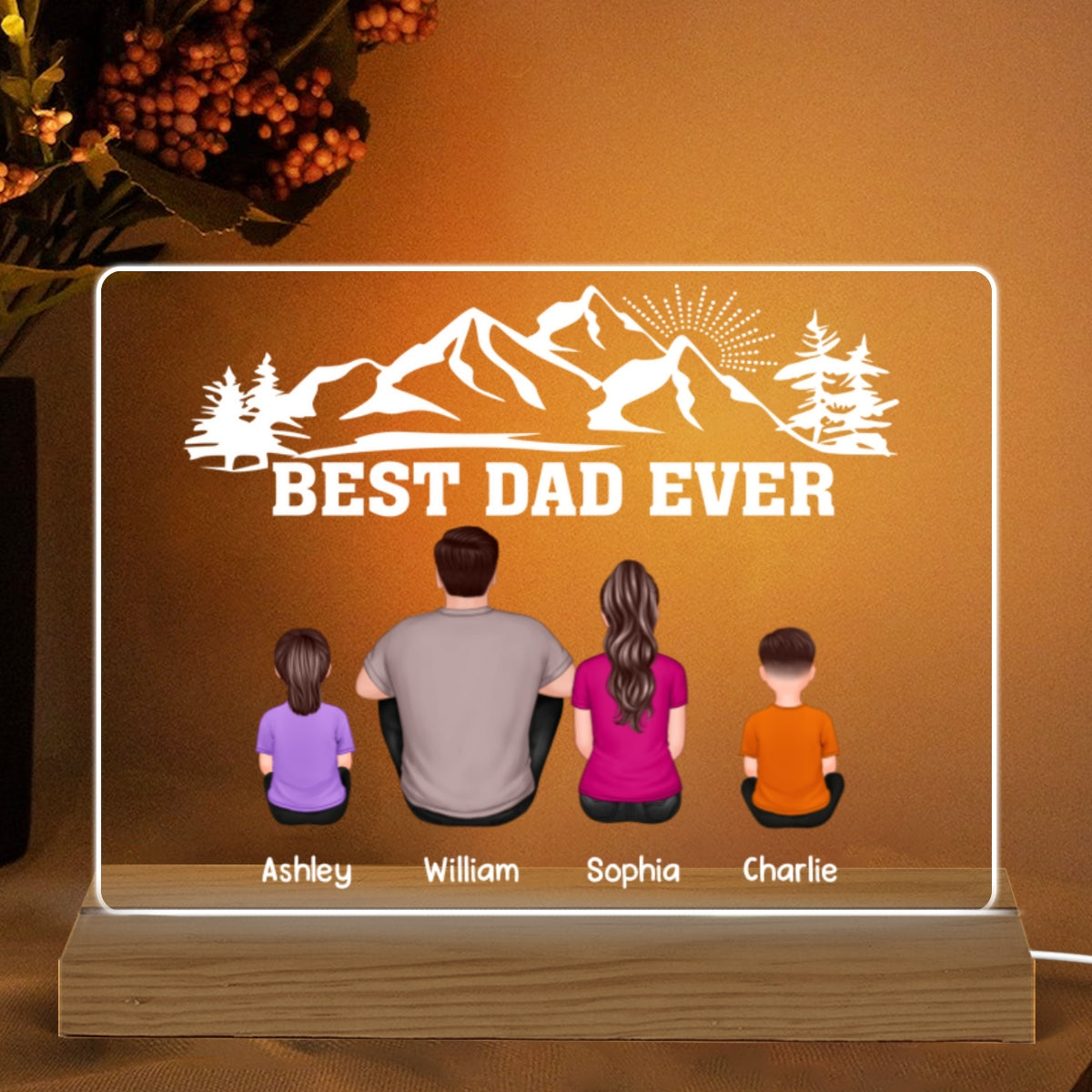 Best Dad Ever Mountain Sunlight Personalized Custom Shape Warm LED Night Light