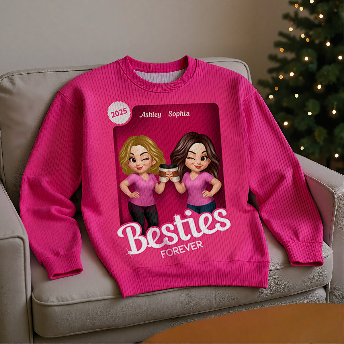 Pink Tone Besties Custom Figure Box Effect - Personalized Ugly Sweater - Christmas Matching Shirts, Group Shirts, Exchange Gift For Best Friends