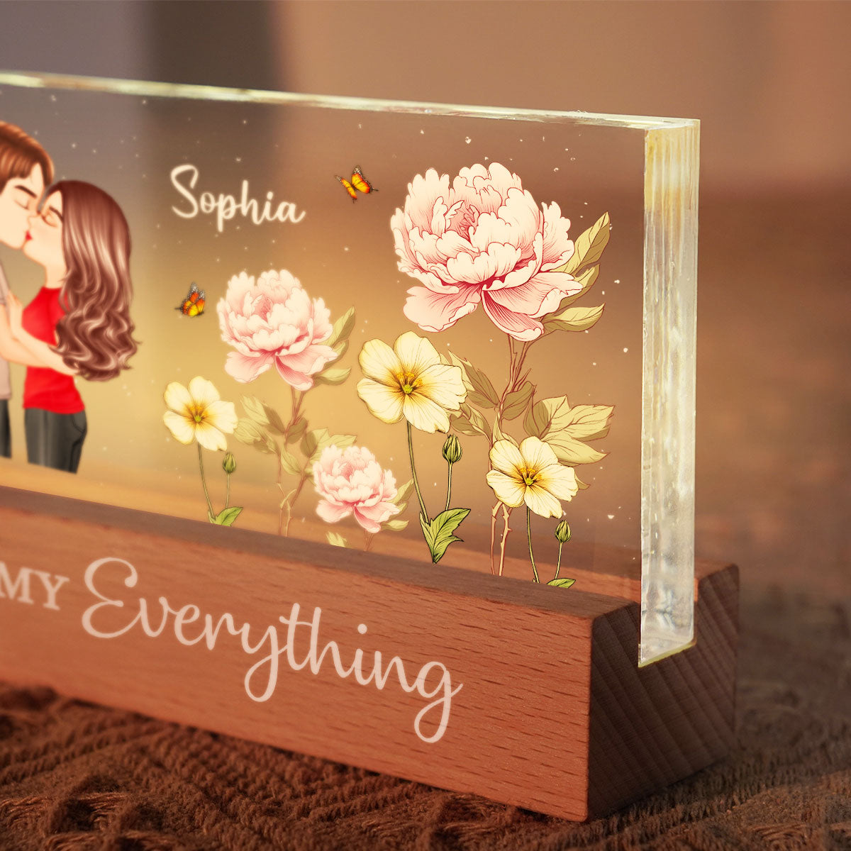 Couple Kissing Birth Month Flower Personalized Acrylic Block LED Night Light, Heartfelt Gift For Couple, For Her