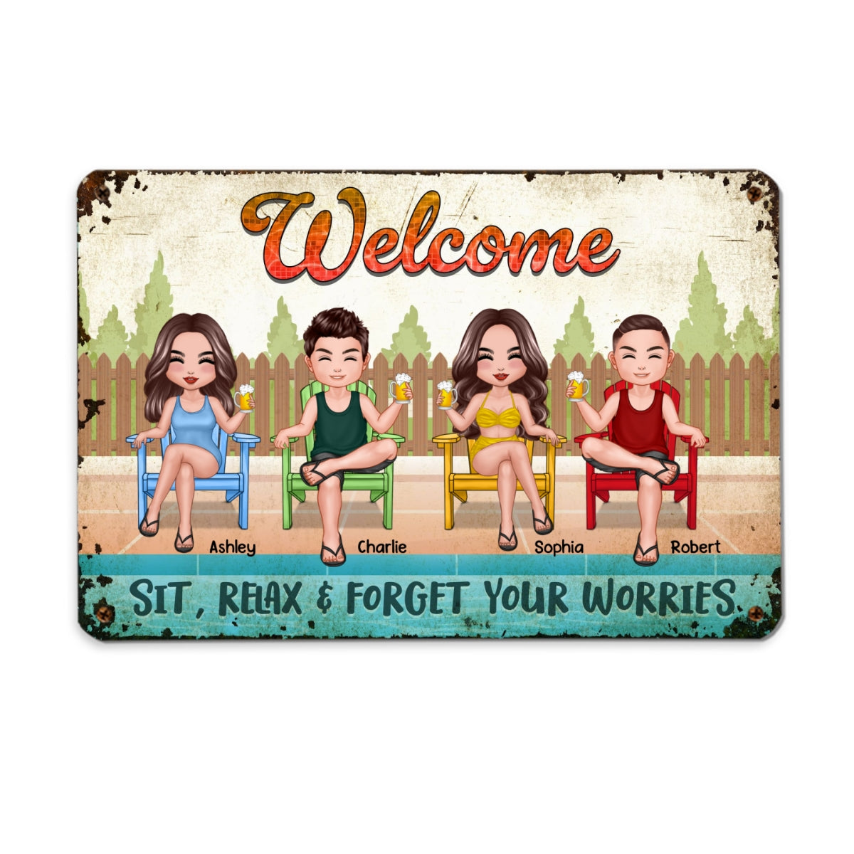 Welcome To Pool Friends Colorful Adirondack Chair Personalized Metal Sign