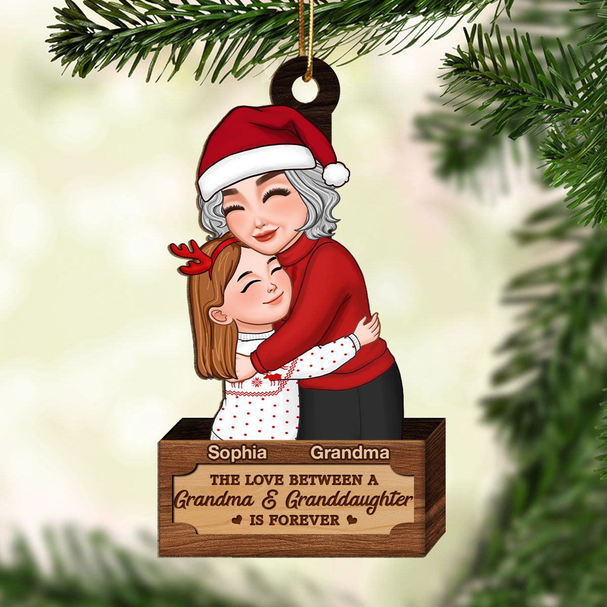 Grandma & Grandkid Hugging In Christmas Box Personalized Wooden Ornament