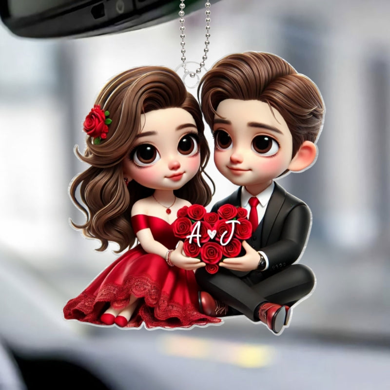 Romantic  Couple Roses Personalized Acrylic Car Hanger, Anniversary Gift for him, Gift for her
