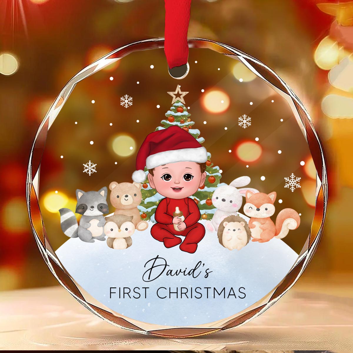 Woodland Animal Baby's First Christmas Personalized Glass Ornament