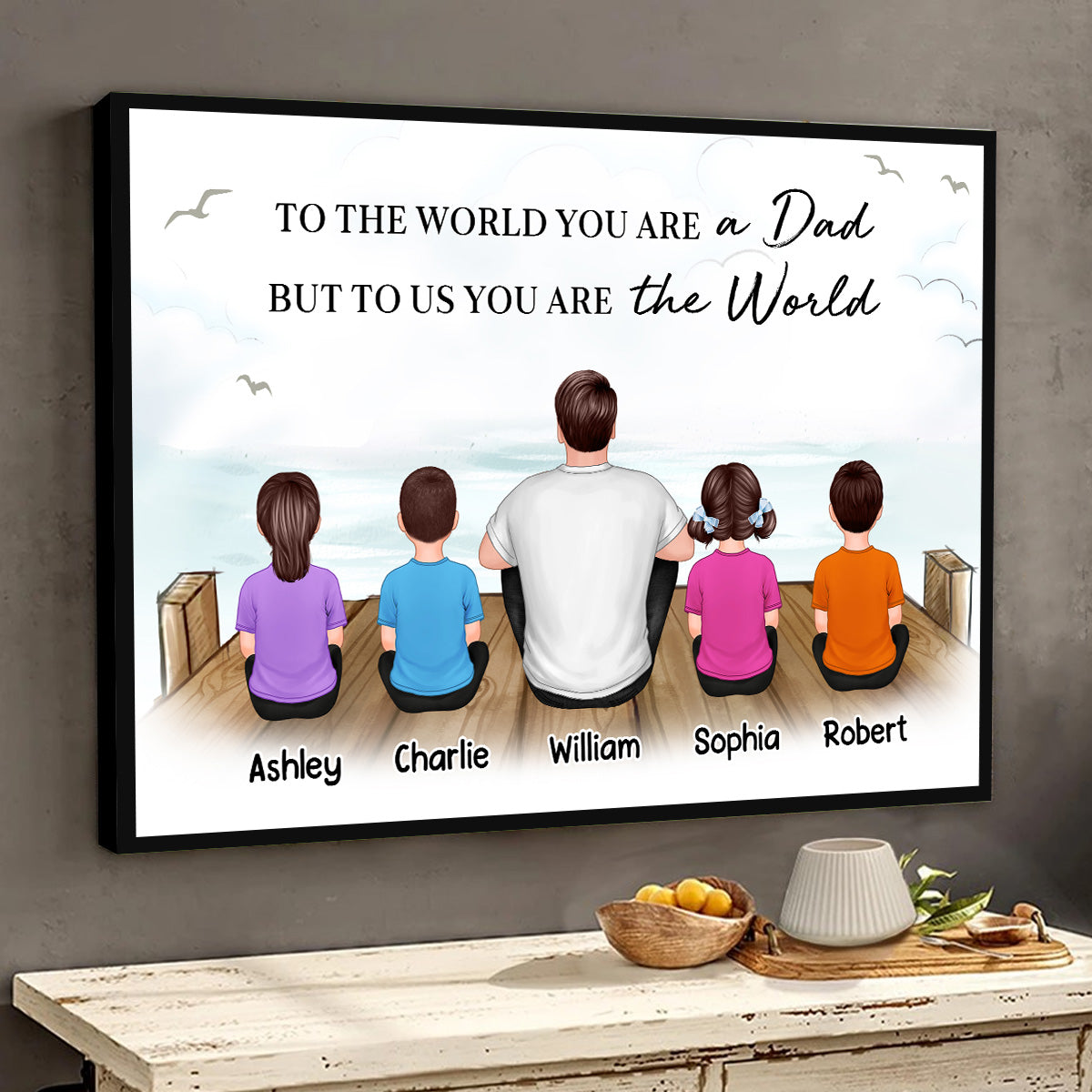 On The Bridge Dad Back View Man And Kids Dogs Cats Sitting Personalized Horizontal Poster