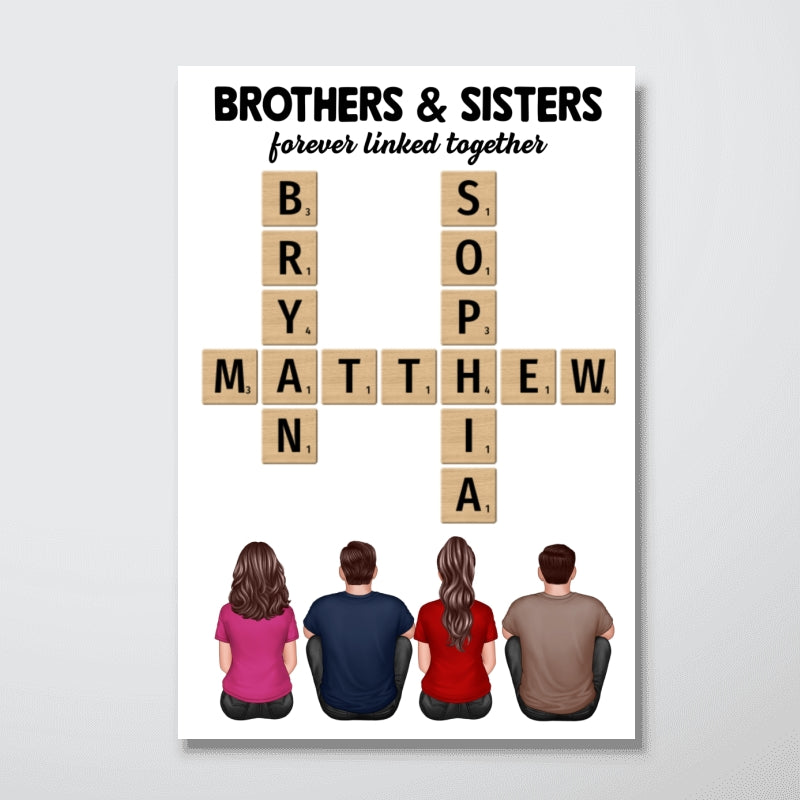 Crossword Art Brothers & Sisters Forever Linked Together Back View Sitting Personalized Poster