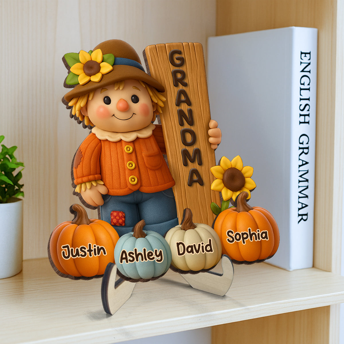 Grandma Scarecrow Standing Grandkids Pumpkins 3D Effect Personalized 2-Layer Wooden Plaque