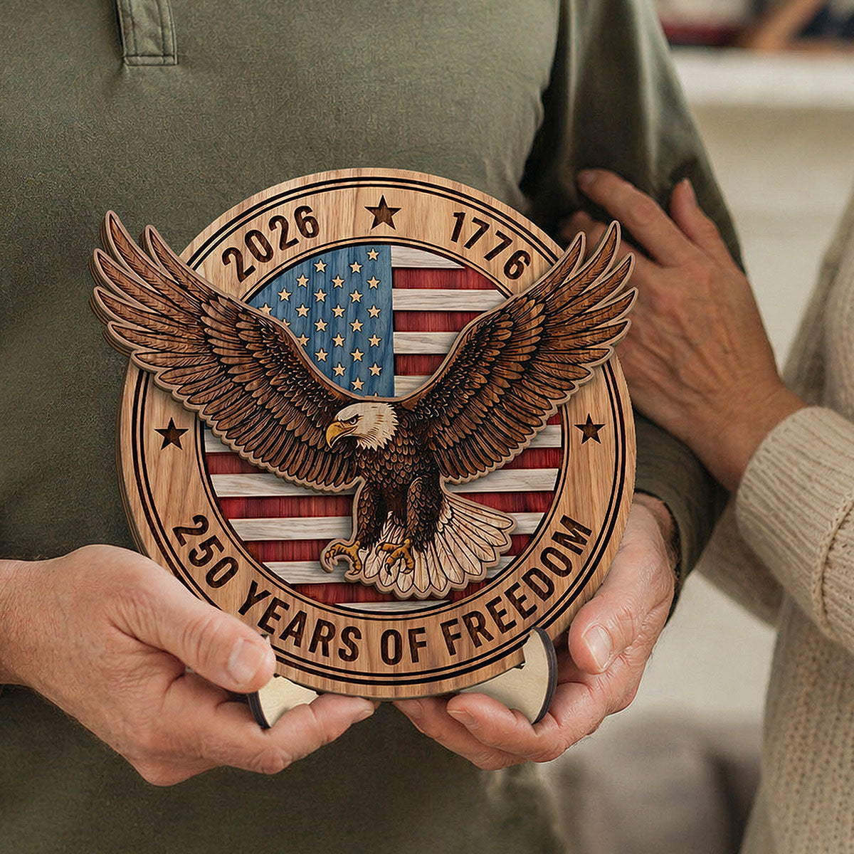 United States 250th Anniversary Eagle & American Flag - Personalized 2-Layered Wooden Plaque - America 250 Emblem American Patriot Home Decor