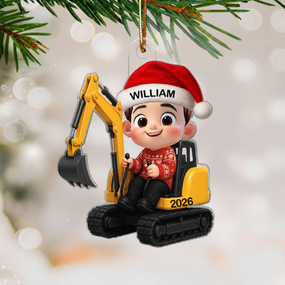 3D Effect Little Boy Kid With Construction Vehicle Excavator Backhoe Tractor Christmas Personalized Acrylic Ornament
