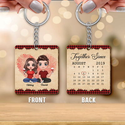 Fingerprint Doll Couple Sitting Checkered Pattern Calendar Anniversary Date Vintage Personalized Wooden Keychain