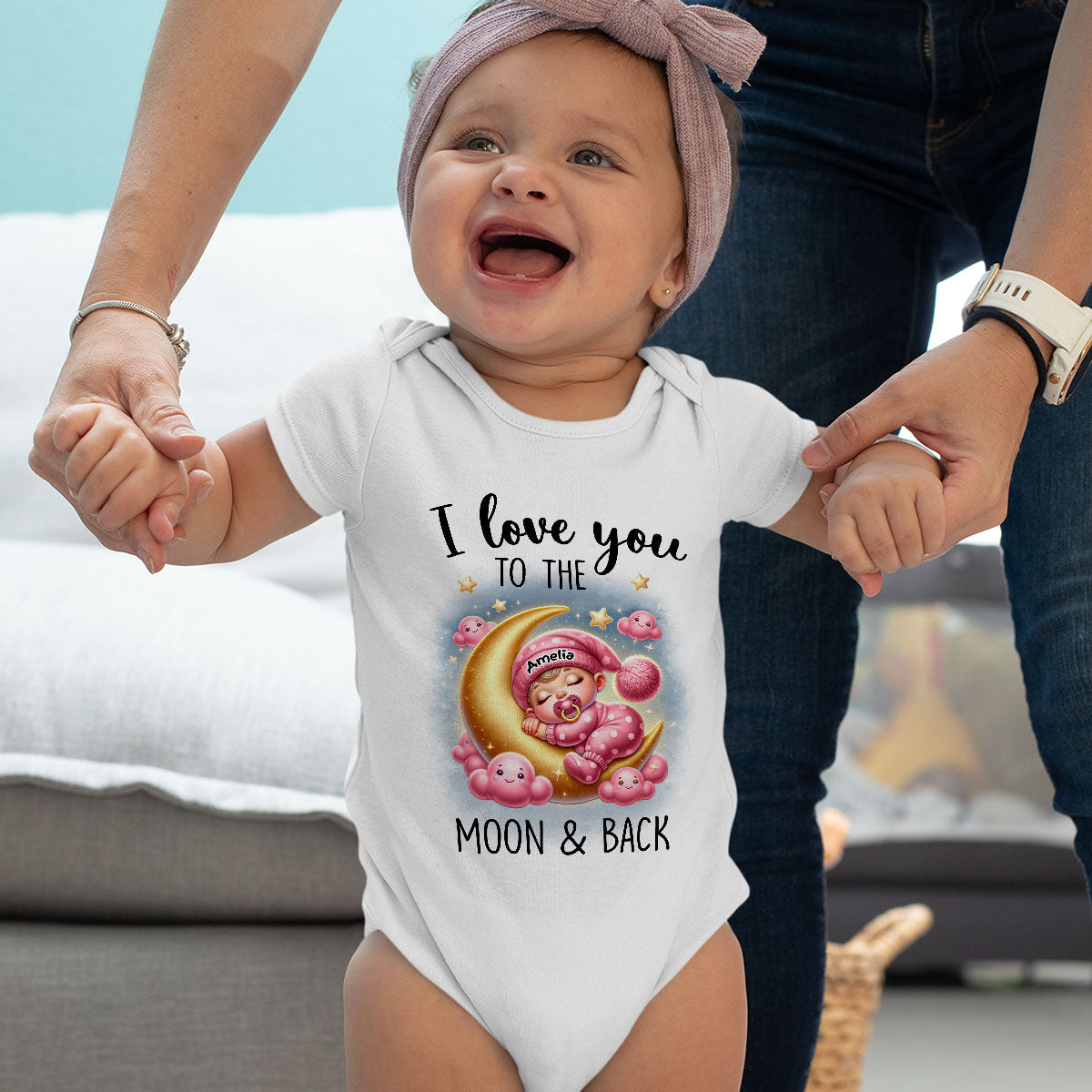 Love You To The Moon & Back Cute Baby On Moon Personalized Baby Onesie