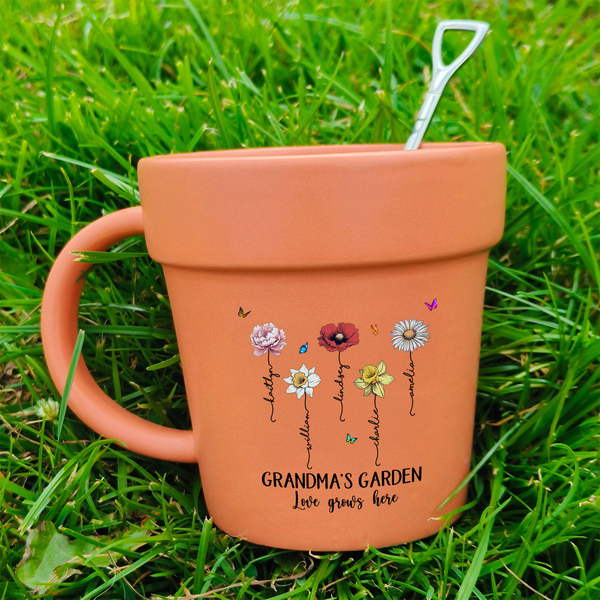 Grandma's Garden Love Grows Here Vintage Birth Month Flower Personalized Plant Pot Ceramic Mug