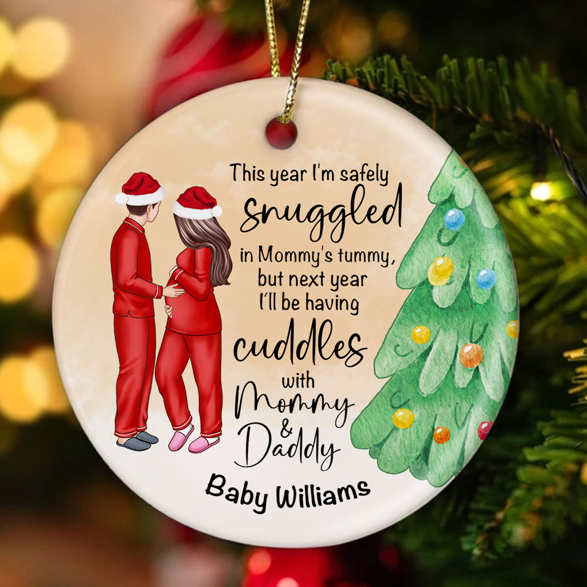 Bump Christmas, Pregnant Couple Ornament, Snuggled in Mommy's Tummy, Personalized Circle Ceramic Ornament