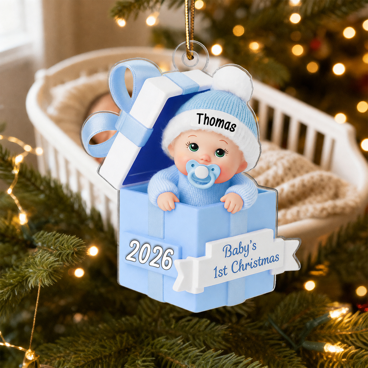3D Effect Baby In Gift Box - Personalized Acrylic Ornament - First Christmas Keepsake