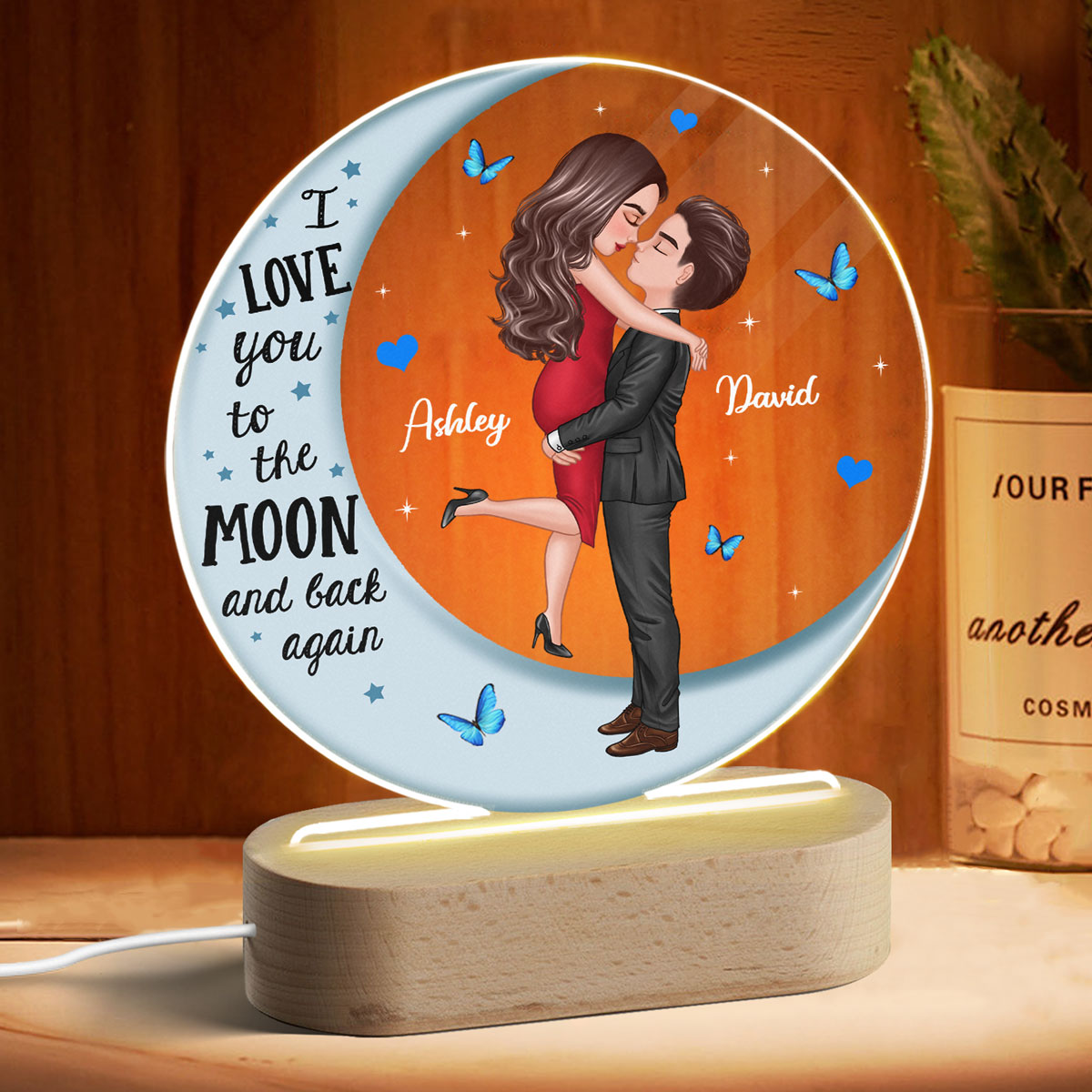 Hugging Couple Blue Moon Personalized Circle LED Night Light Acrylic LED Lamp