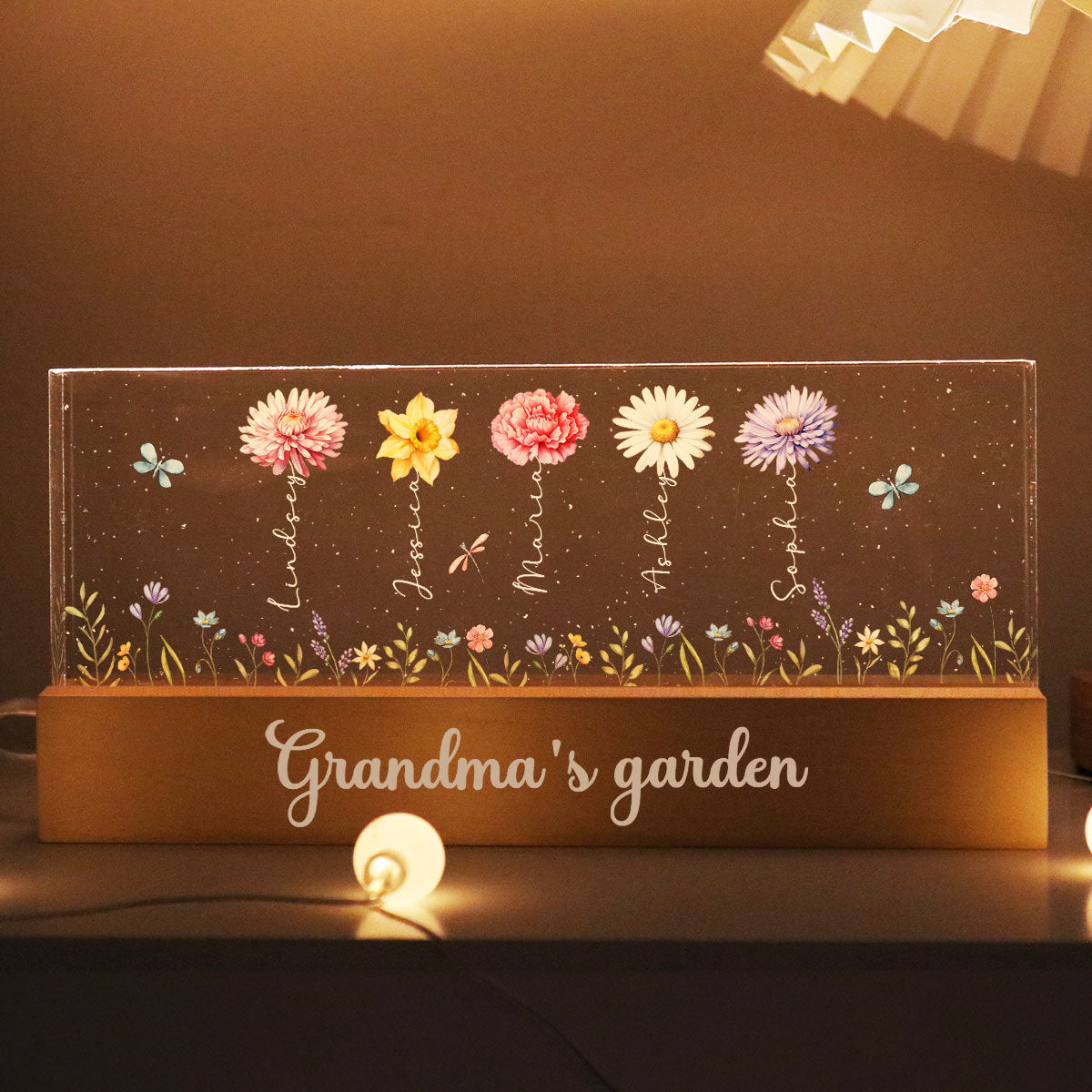 Grandma's Enchanted Garden Birth Month Flowers Personalized Acrylic Block LED Night Light, Gift