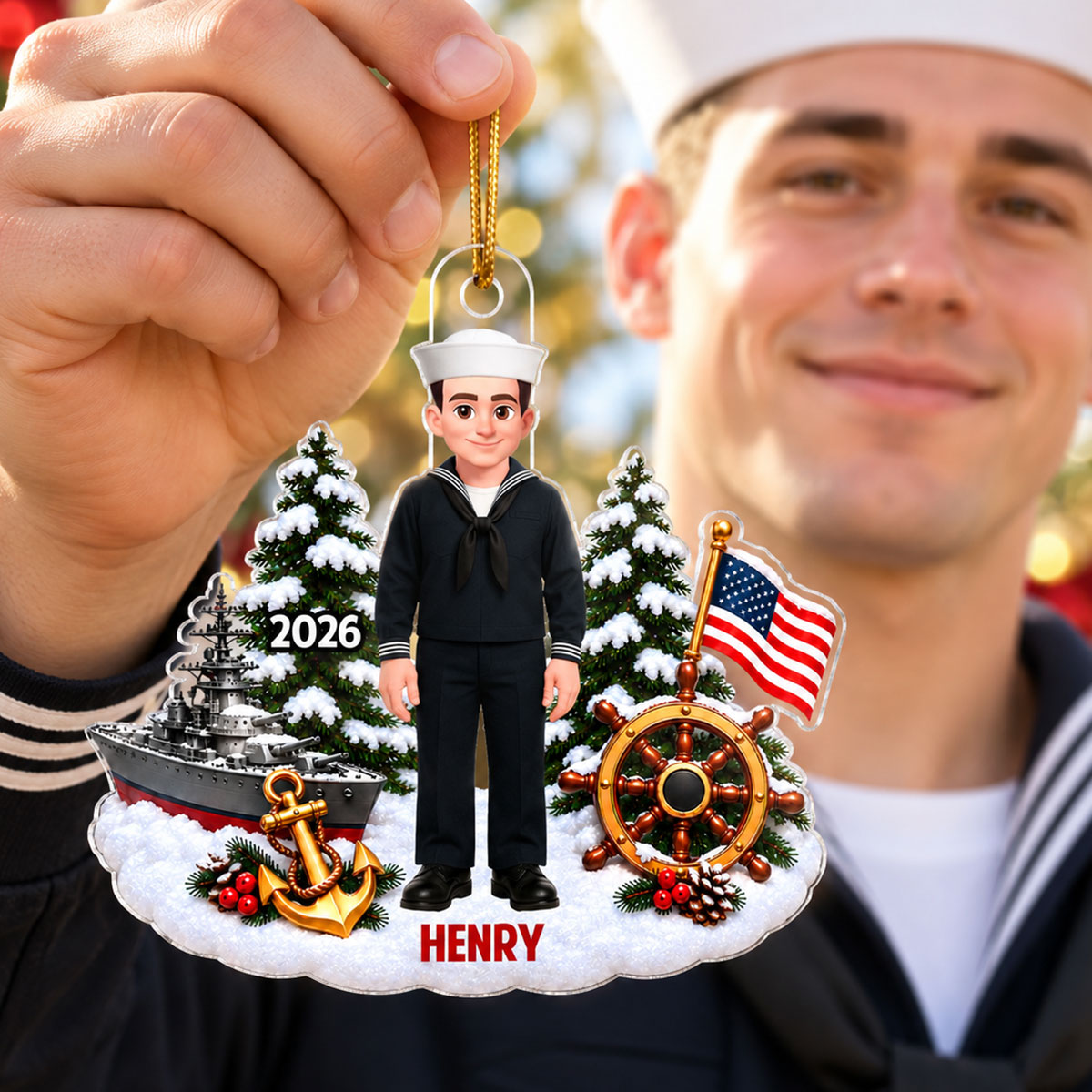 Navy Sailor Custom Name - Personalized Acrylic Ornament - Christmas Gift For Navy Sailors, Navy Veterans, Military Men, Son, Husband, Dad