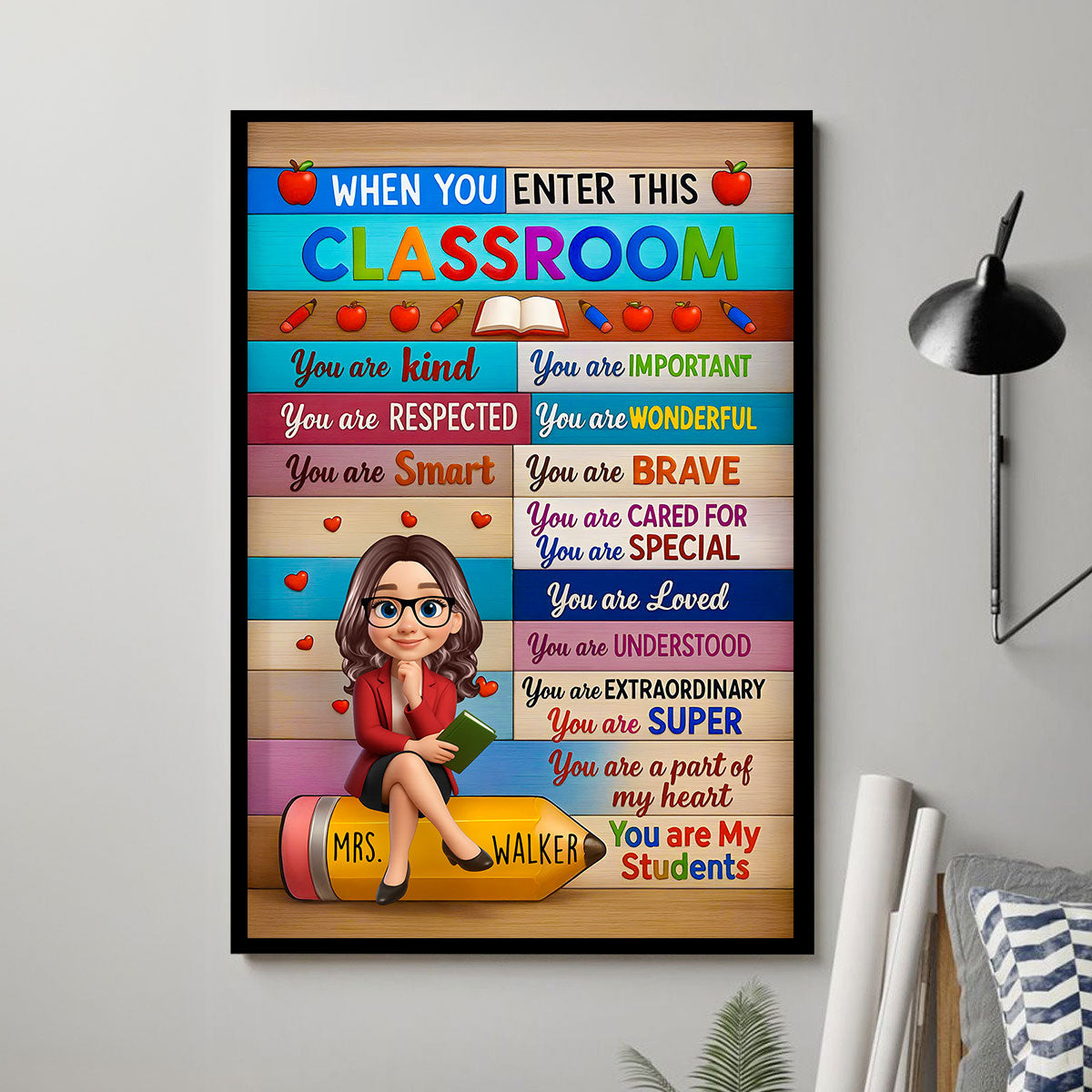 3D Cartoon Teacher Sitting On Pencil Personalized Poster, Classroom Decoration, Back To School Gift For Teacher