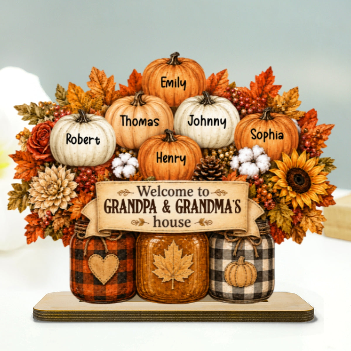 Cozy Warm Fall Season Mason Jars Pumpkins Grandma Grandpa Little Pumpkins - Personalized 2-Layered Wooden Plaque - Fall Decoration For Grandparents
