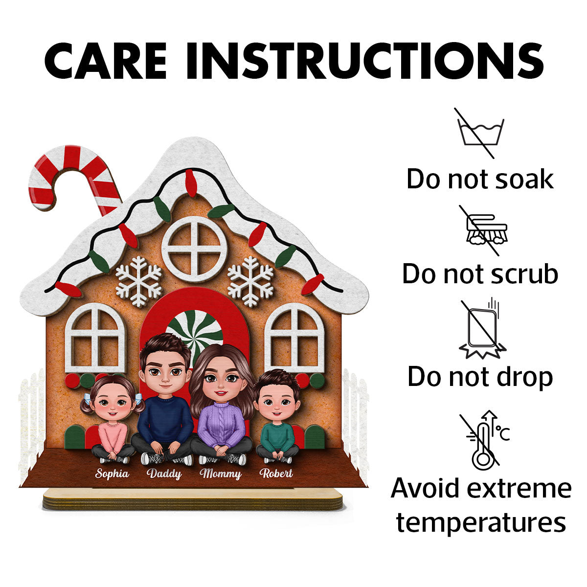 Gingerbread House Family Christmas Tabletop Fireplace Decor Personalized 2-Layer Standing Wooden Plaque