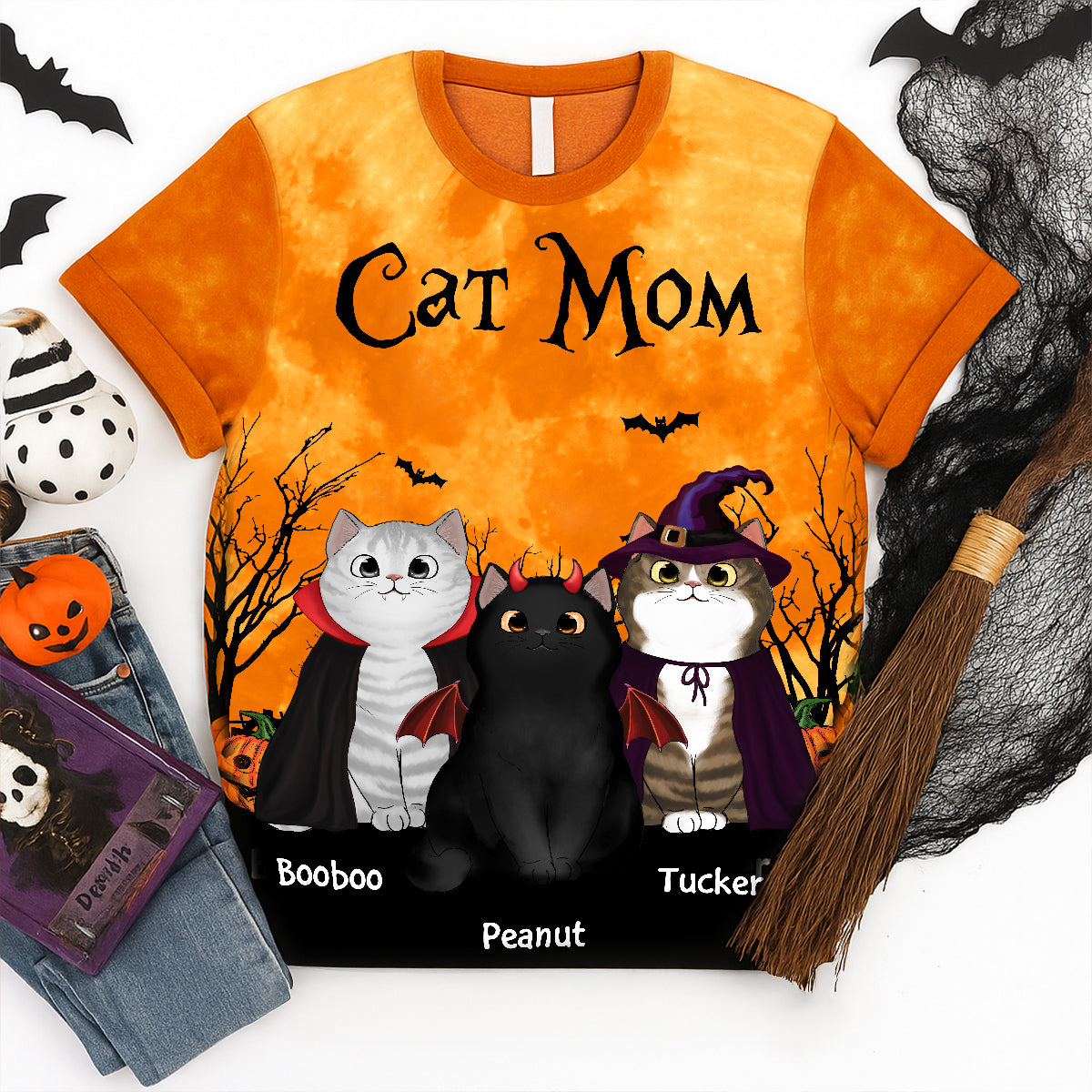 Cat Mom Halloween Moon Light Bat Tree - Personalized 3D Shirt