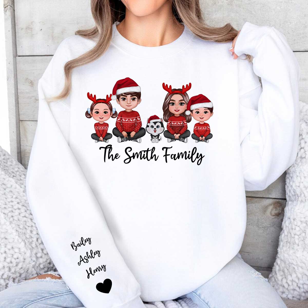 Doll Family Sitting Christmas Personalized Sleeve Printed Sweatshirt