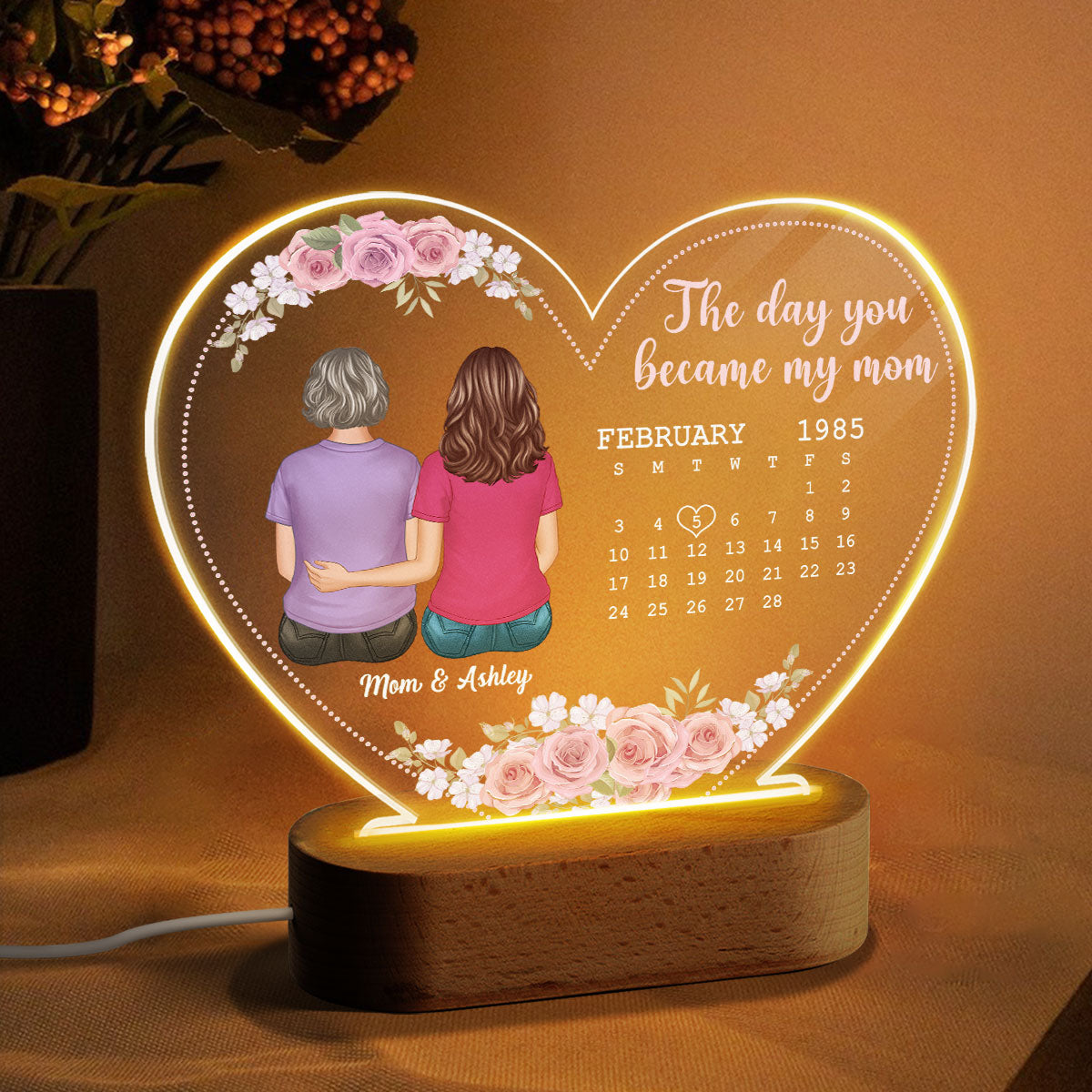 Back View Mother Daughter Son The Day You Became My Mom Calendar Date Mother‘s Day Gift For Mom Personalized Acrylic Heart LED Night Light