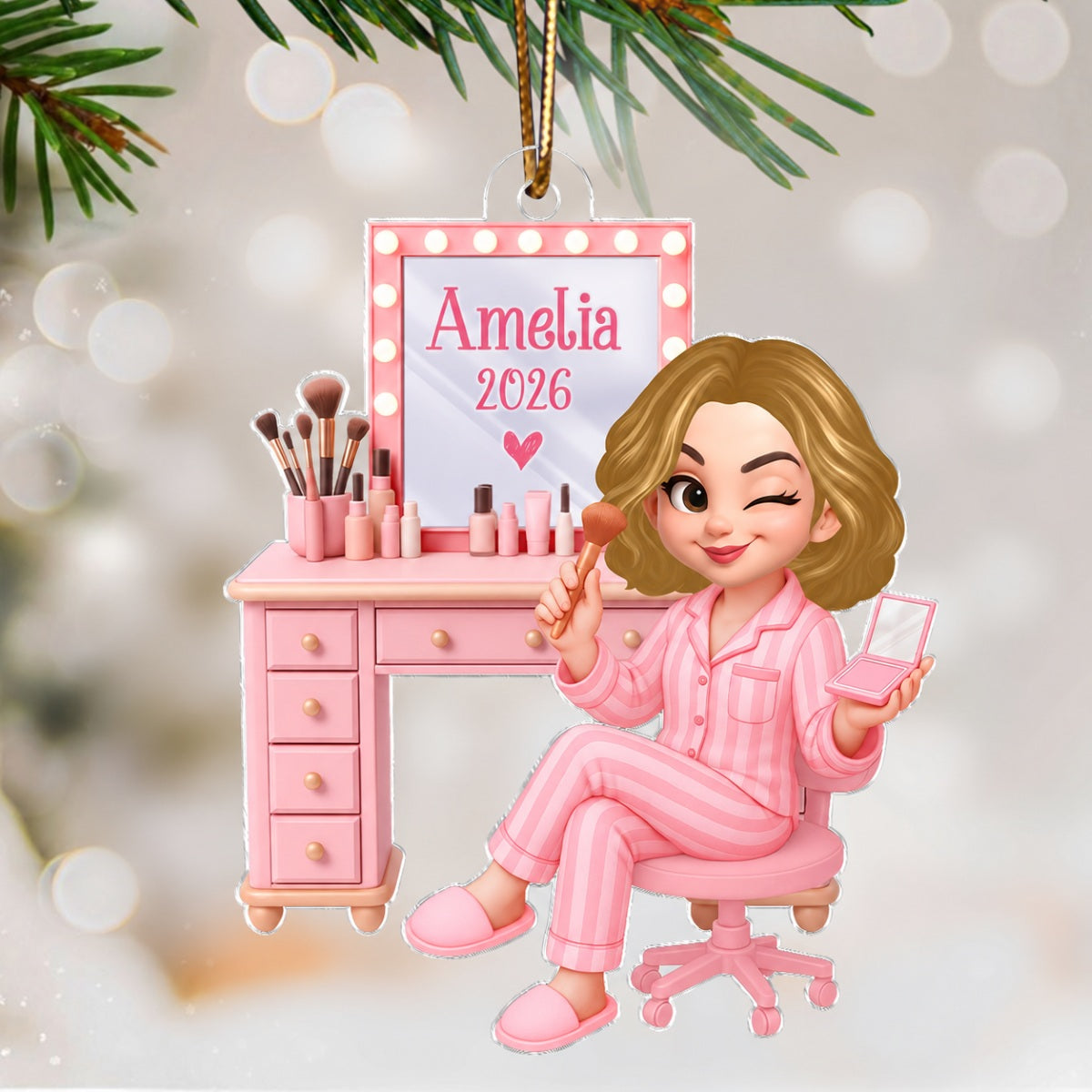 3D Effect Pink Girl Makeup - Personalized Acrylic Ornament - Christmas Gift for Daughters, Granddaughters, Teen Girls