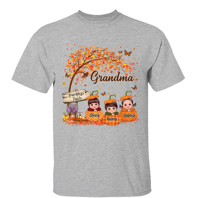 Grandma Mom Fall Season Kids Laying On Pumpkins Personalized Shirt