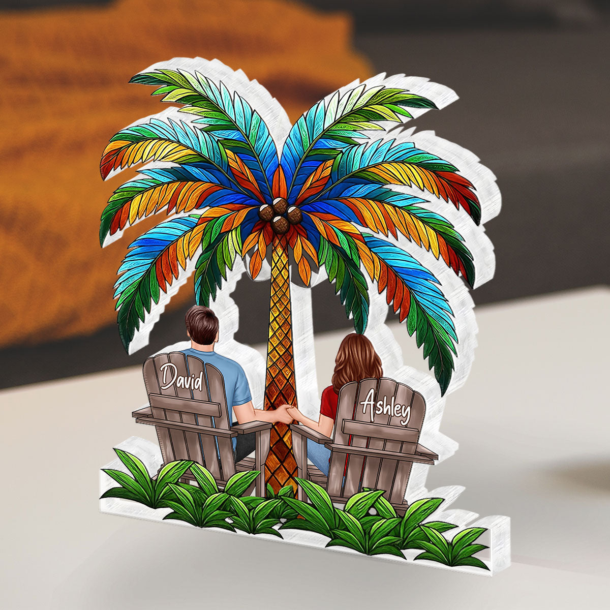 Couple Sitting Under Palm Tree Personalized Acrylic Block Plaque, Summer Decor, Gift for her, Gift for him