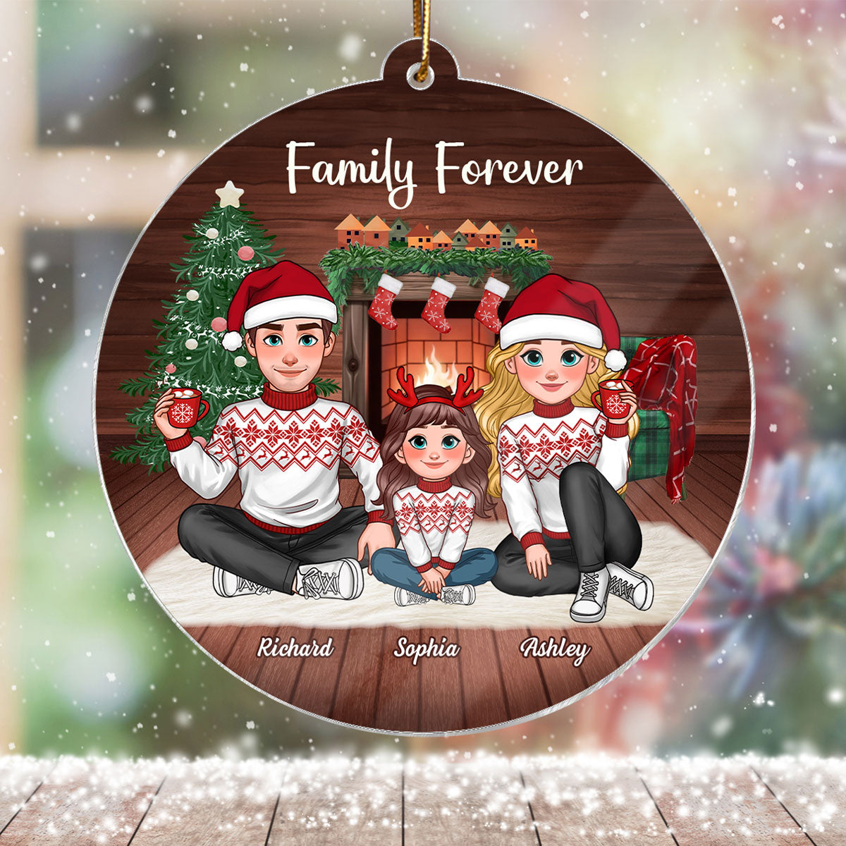 Animated Family Sitting In Cozy House Christmas Personalized Acrylic Ornament
