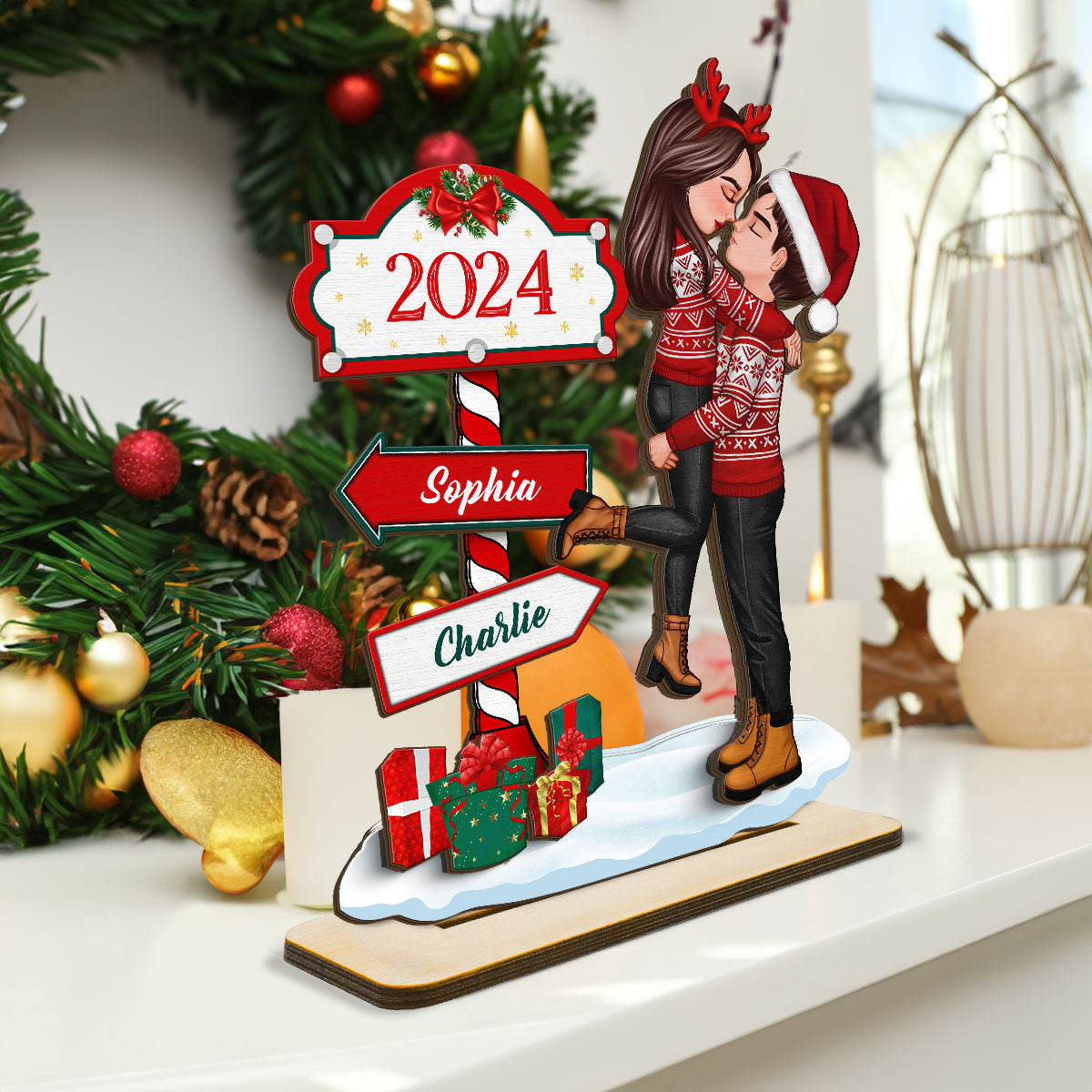 Couple Hugging Kissing North Pole Sign Christmas Decor Personalized 2-Layer Standing Wooden Plaque