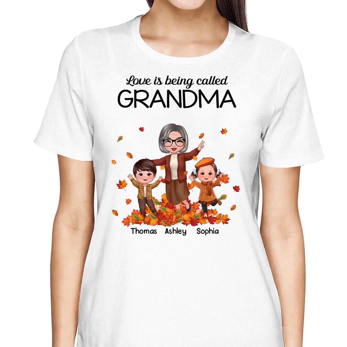 Fall Season Happy Doll Grandma And Grandkids Playing With Autumn Leaves Pile Personalized Shirt