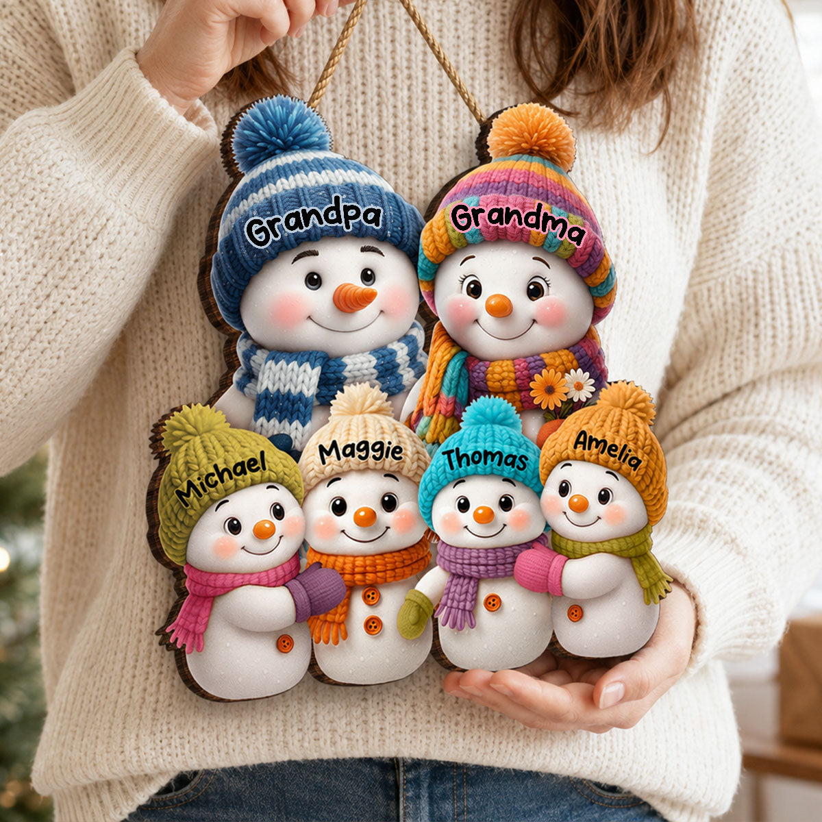 Snowman Grandparents and Grandkids - Personalized Wooden Door Sign - Cozy Christmas Decor for Grandparents