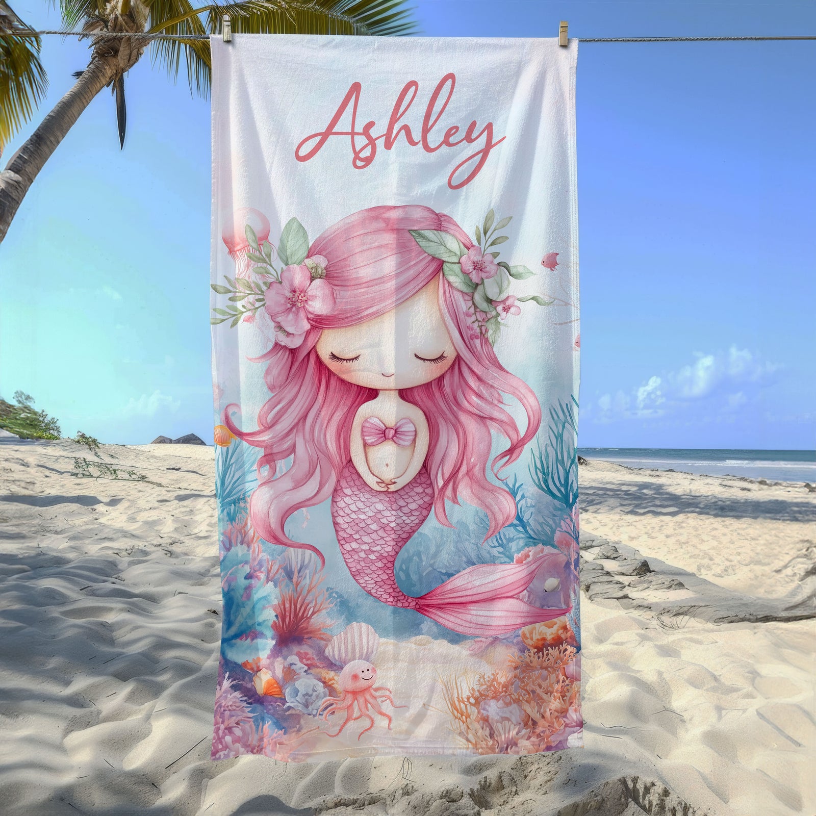 Sea World Cute Mermaid Personalized Beach Towel with Name, Beach Vacation Accessories Gift for Children, Bath Towel