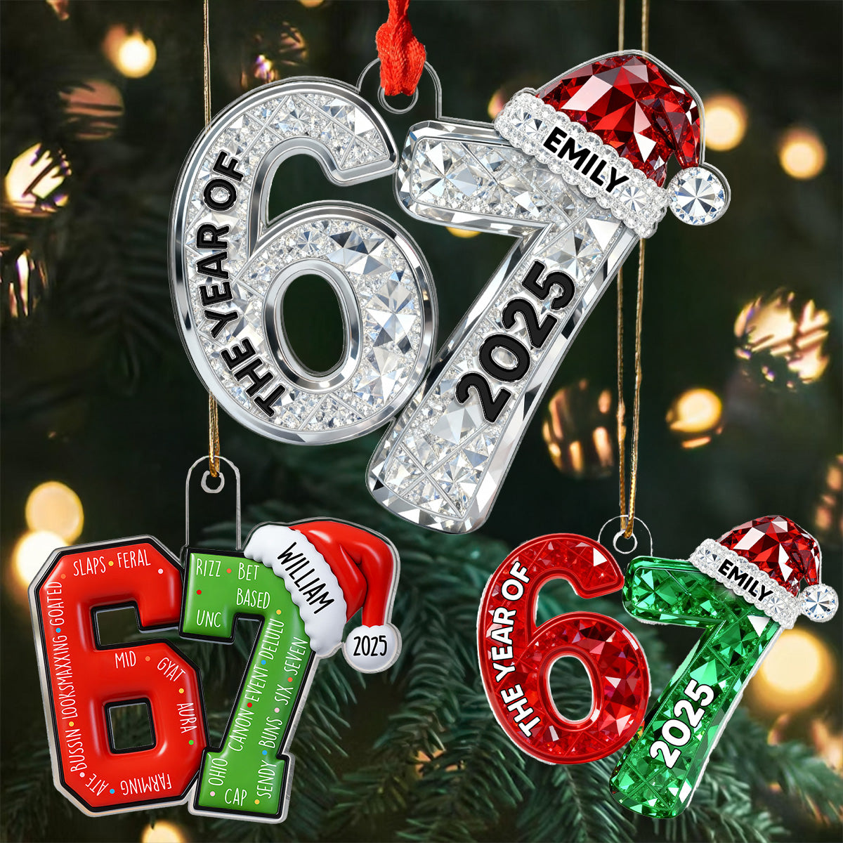 3D Effect Flat 67 Six Seven 2025 Slang Christmas - Personalized Acrylic Ornament - Funny Christmas Gift For Teen, Grandkid, Gen Alpha